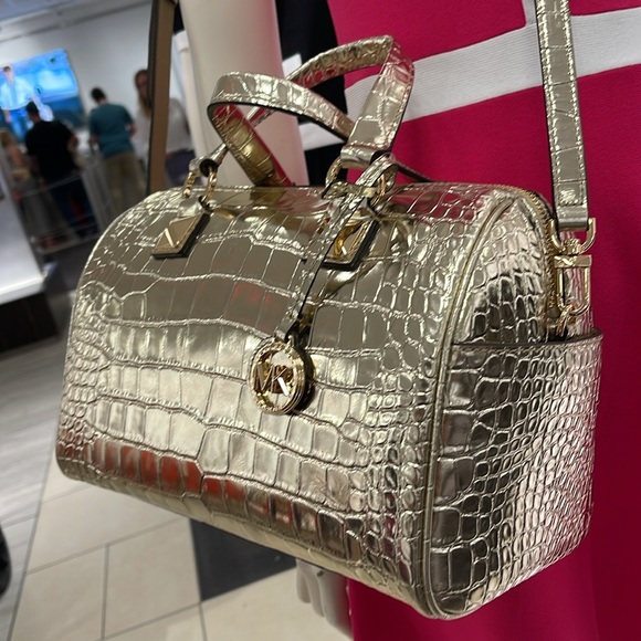 Michael Kors Grayson Md Metallic Crocodile Embossed Leather Satchel
Pale Gold NW - Picture 7 of 16